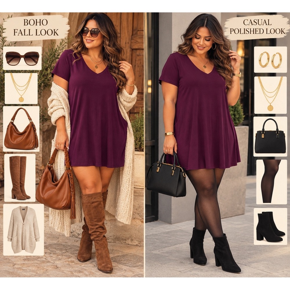 Zenana Premium Plum Purple V-Neck T-Shirt Dress with Pockets Plus Size 1X